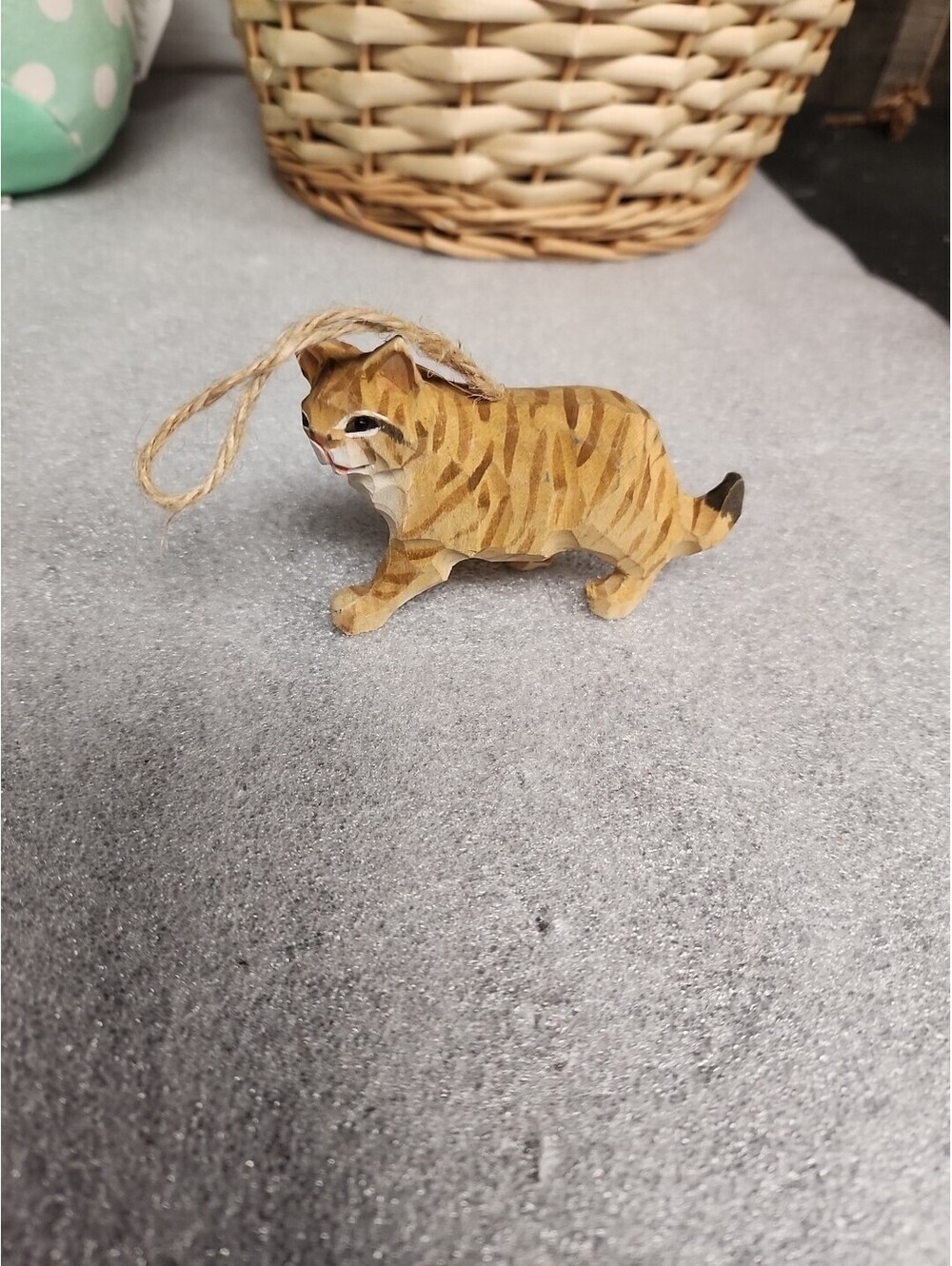 Wood Carved Tiger Tabby Cat Figurine Ornament